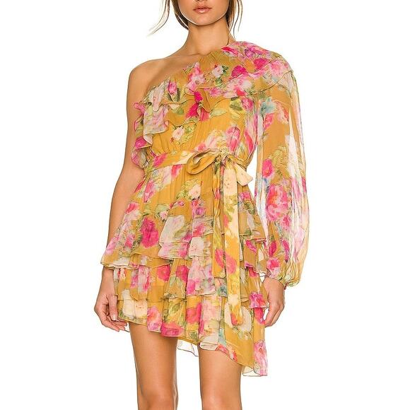 Rococo Sand Avar Belted One Shoulder Peasant Sleeve Yellow Floral Dress Large - Picture 1 of 9